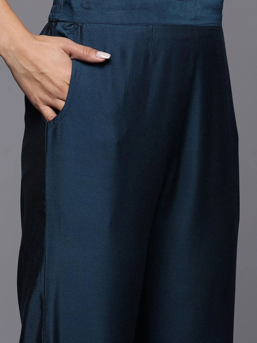 Anouk Blue Solid Silk Blend Straight Suit With Dupatta