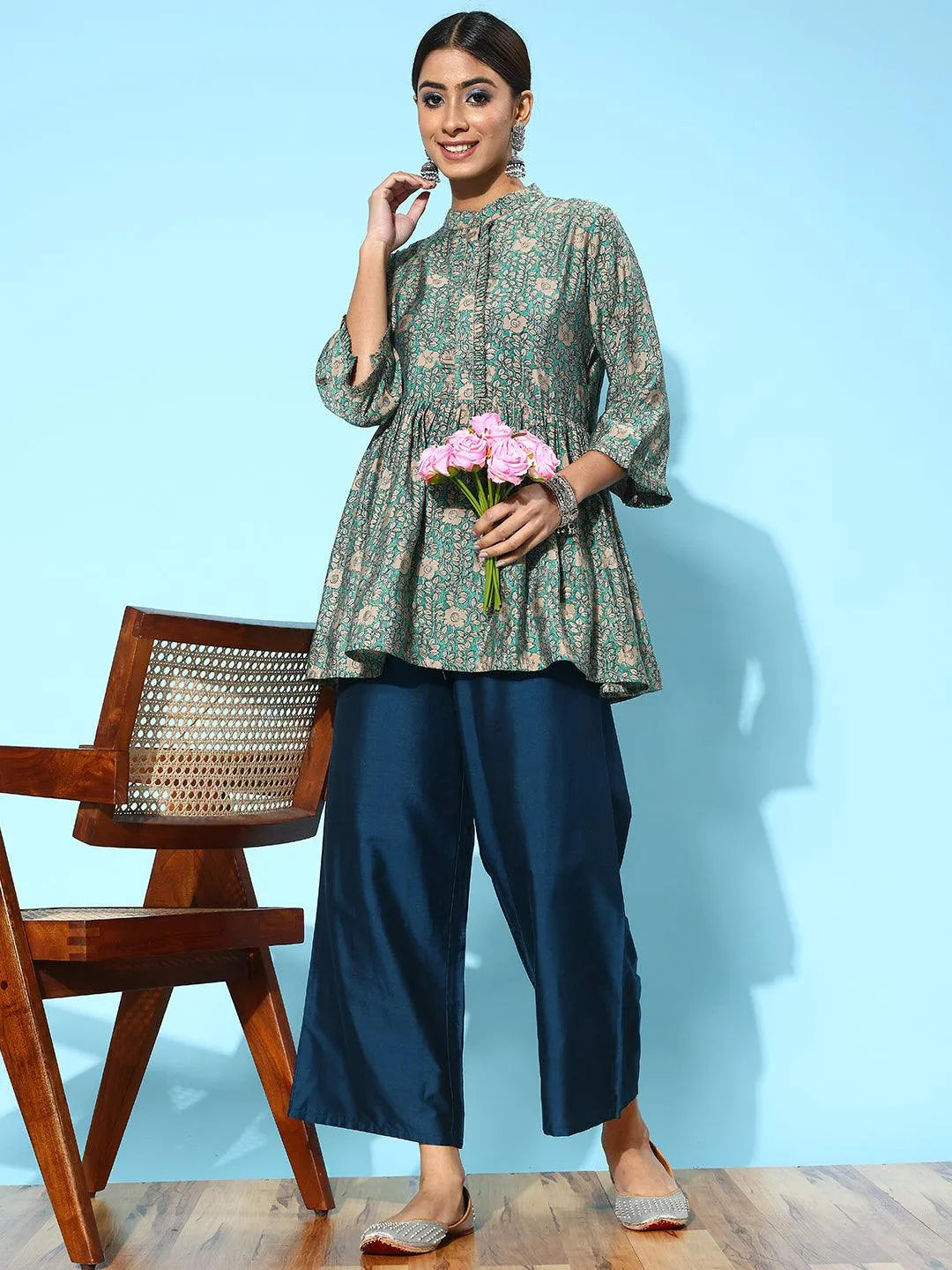 Anouk Blue Solid Silk Palazzos