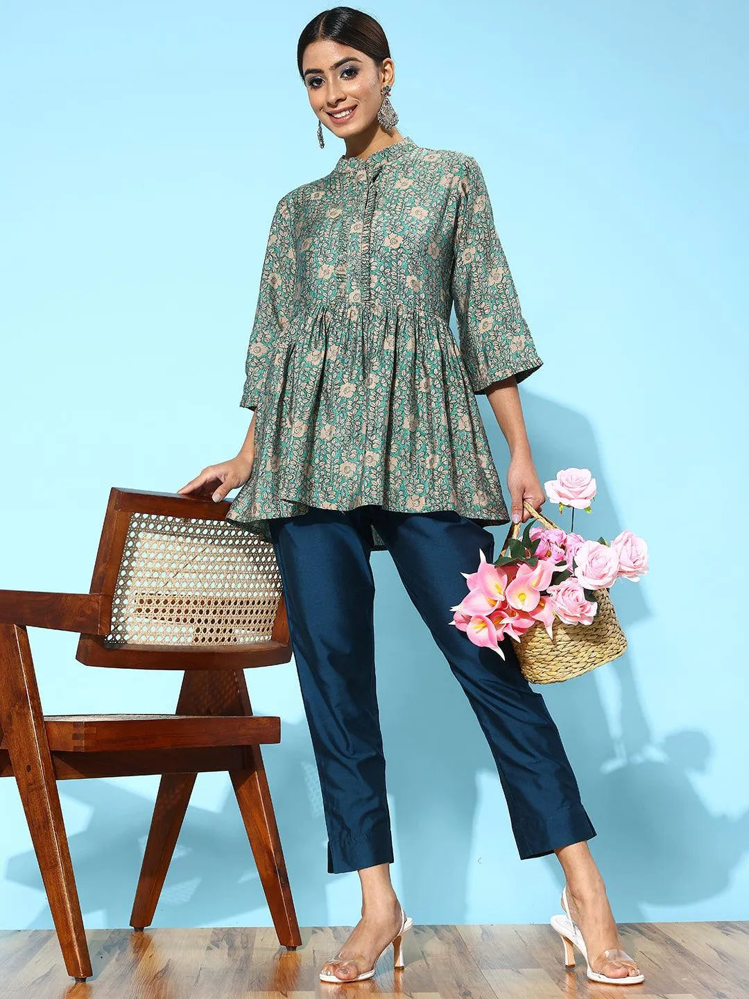 Anouk Blue Solid Silk Trousers