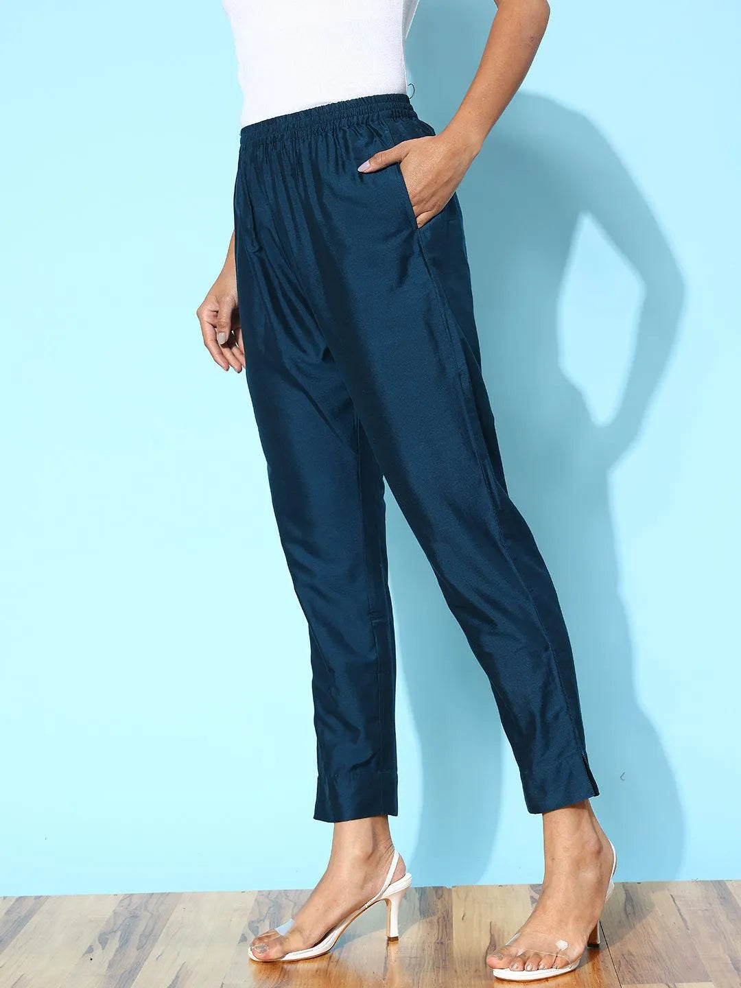 Anouk Blue Solid Silk Trousers