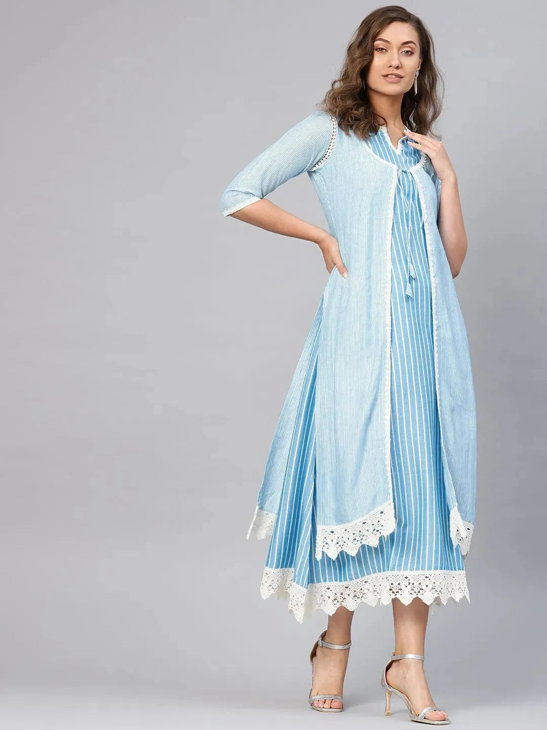 Anouk Blue Striped Cotton Dress With Jacket