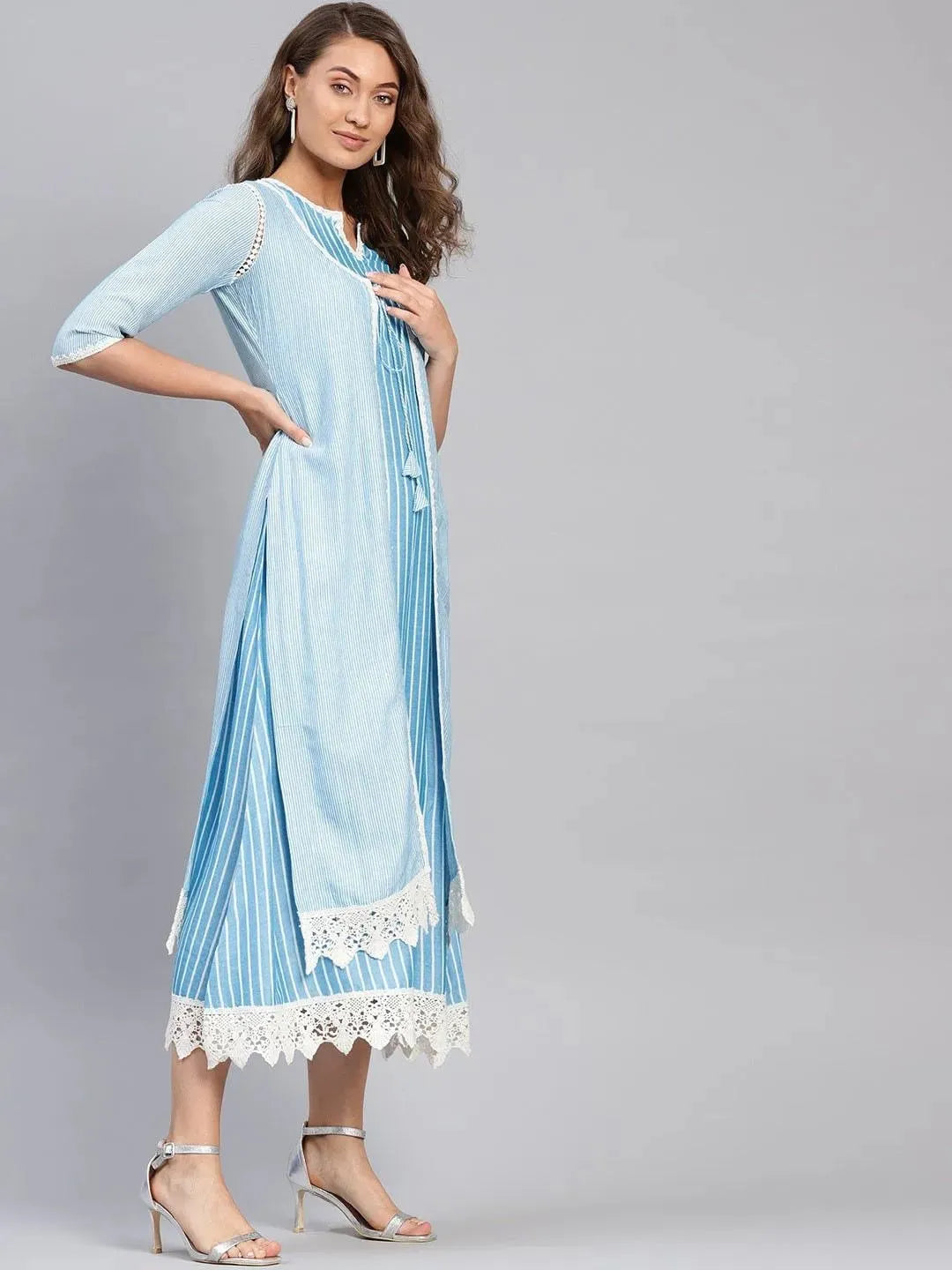 Anouk Blue Striped Cotton Dress With Jacket