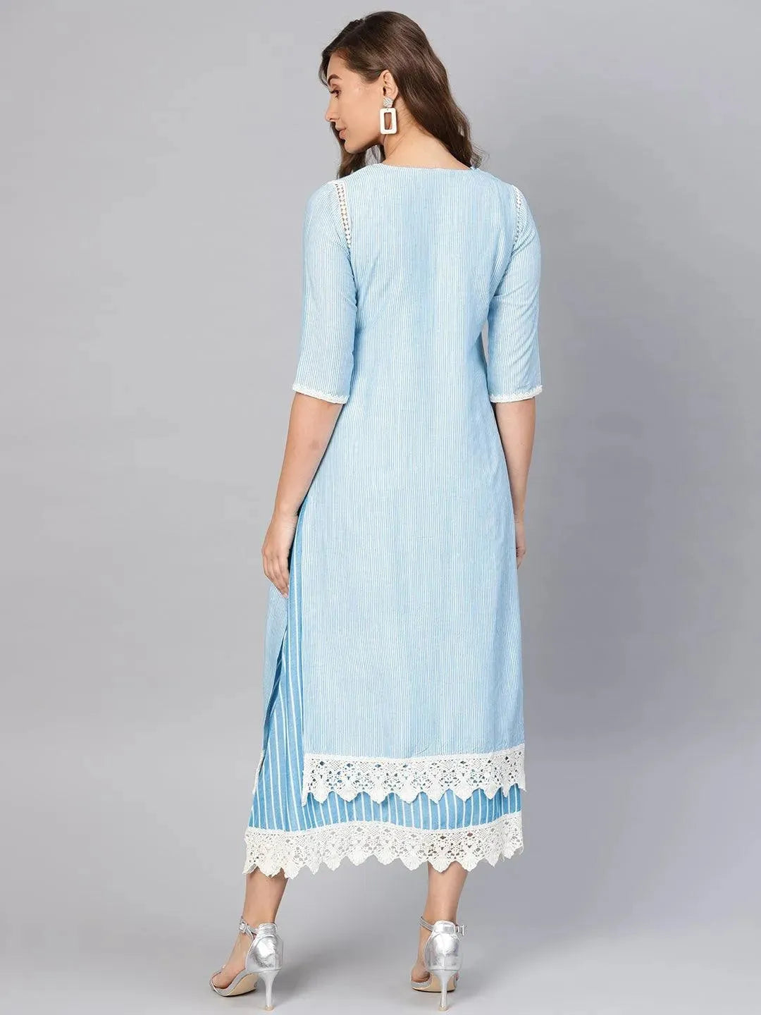 Anouk Blue Striped Cotton Dress With Jacket
