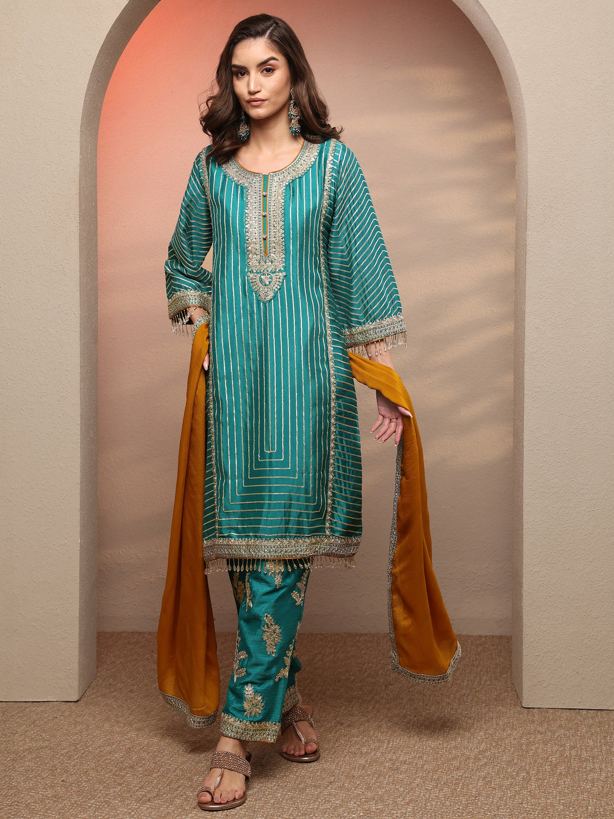 Anouk Blue Striped Embellished Silk Blend Suit Set With Dupatta