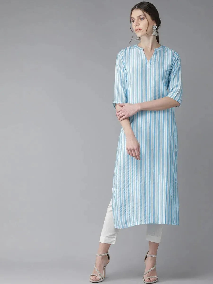 Anouk Blue Striped Rayon Kurta