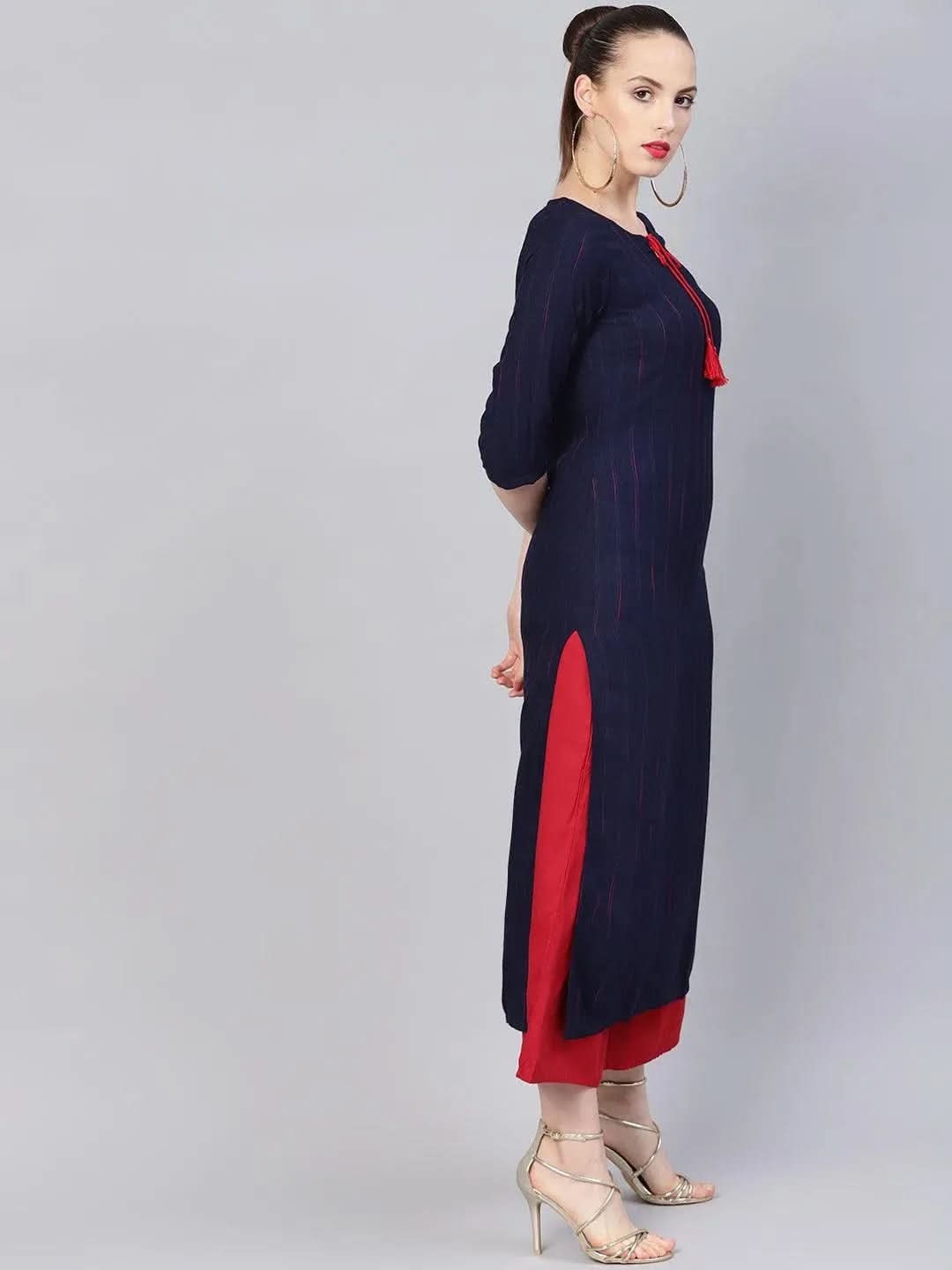 Anouk Blue Striped Rayon Kurta
