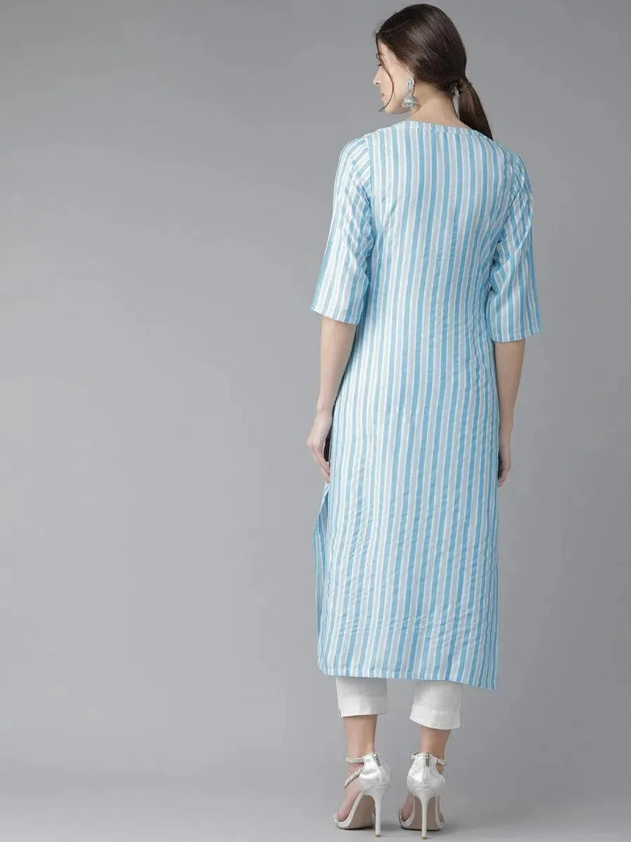 Anouk Blue Striped Rayon Kurta