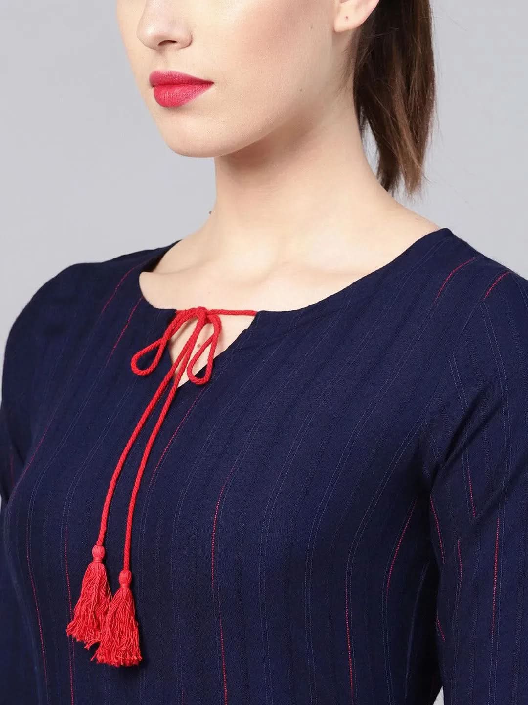 Anouk Blue Striped Rayon Kurta