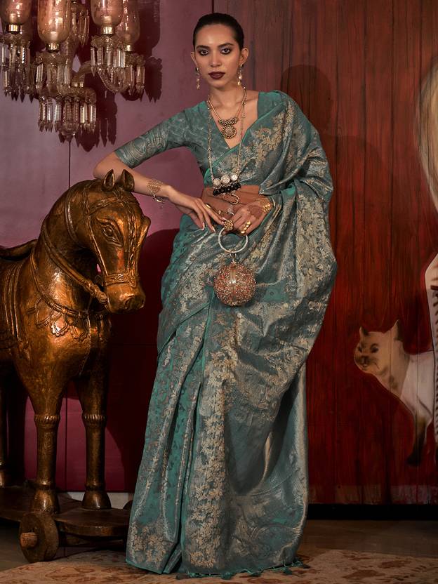 Blue Stylish Party Wear Saree with Unstitched Blouse Piece
