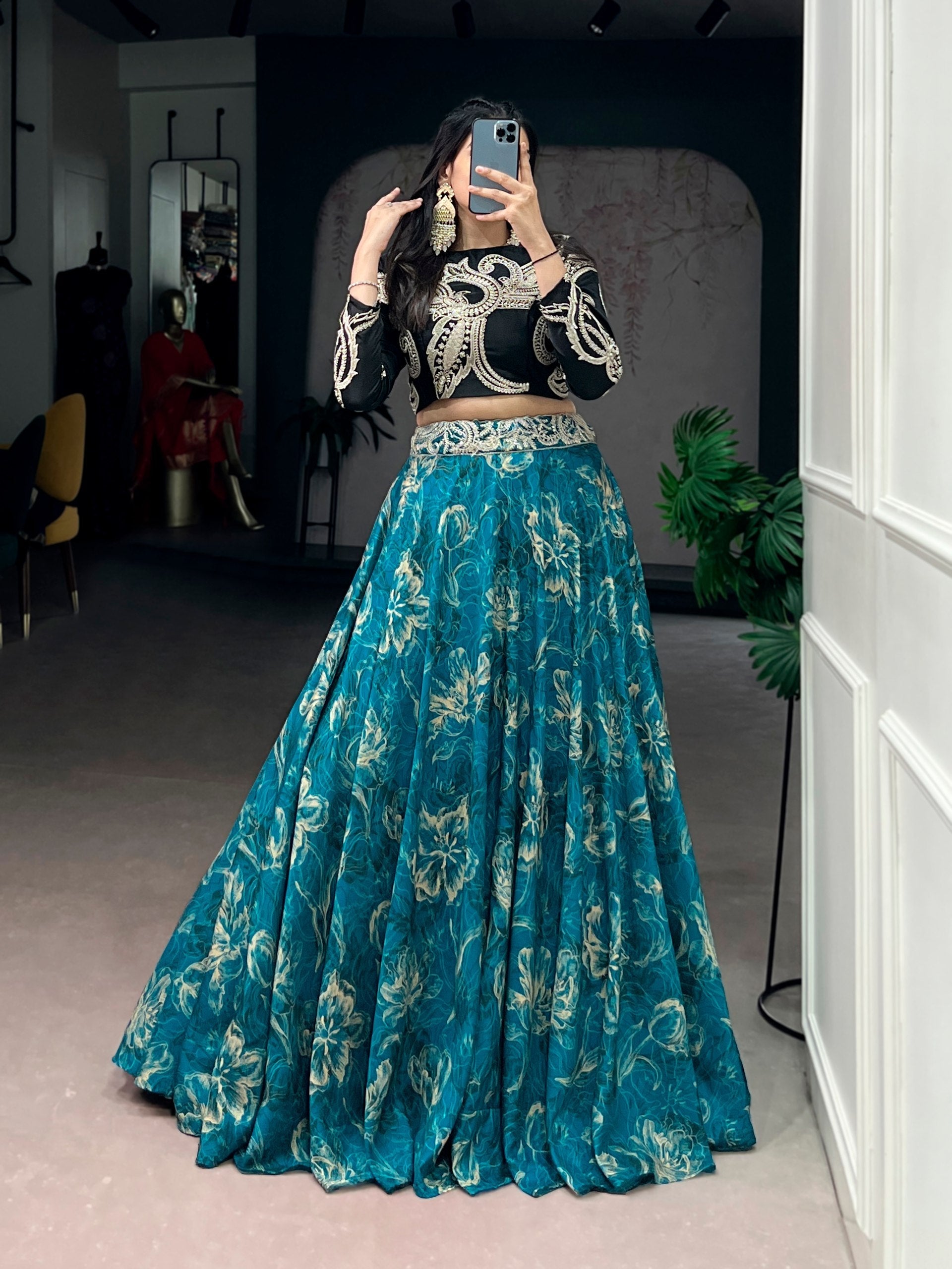 Blue Tasar Silk Lehenga & Embroidered Blouse