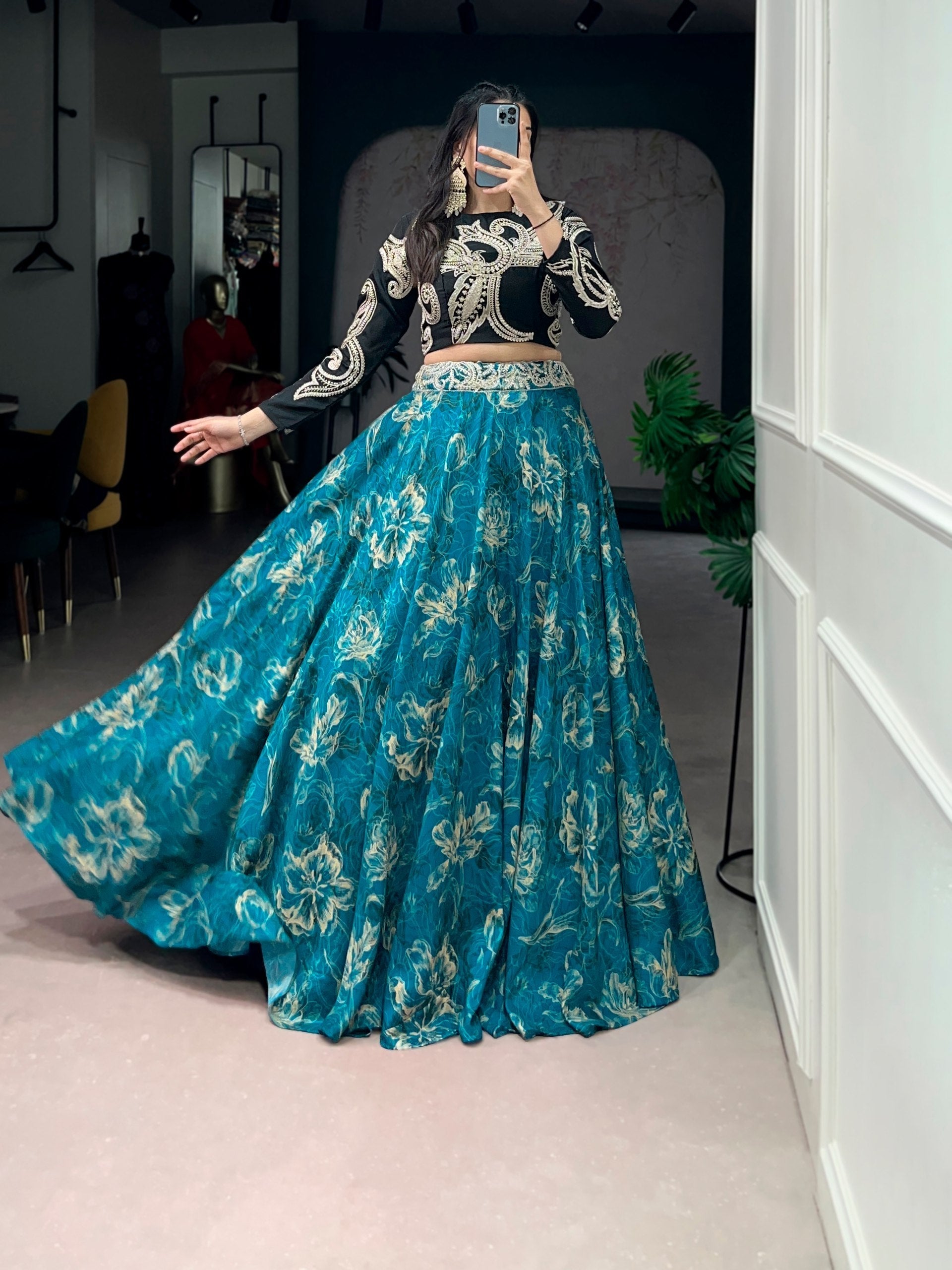 Blue Tasar Silk Lehenga & Embroidered Blouse