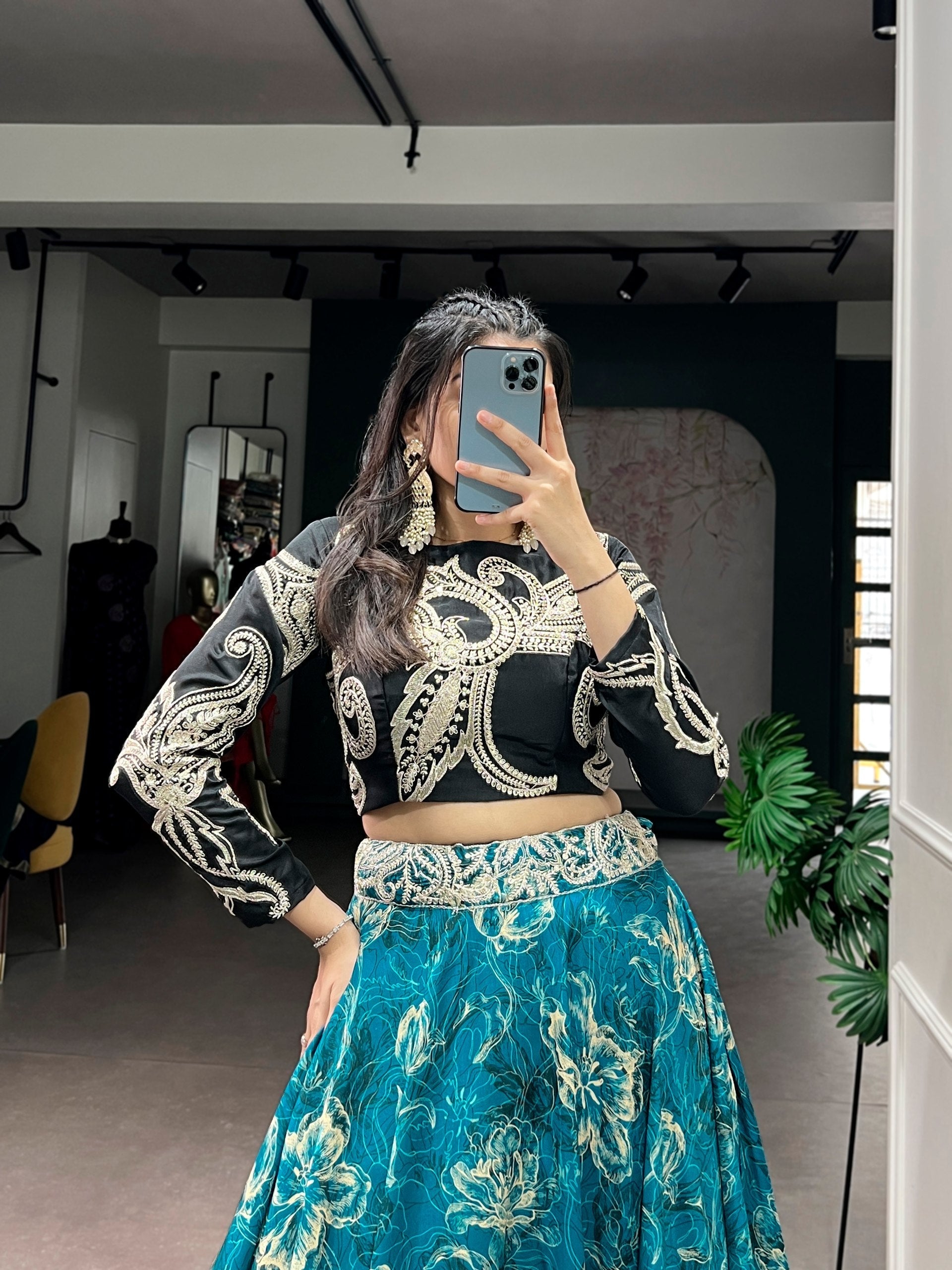 Blue Tasar Silk Lehenga & Embroidered Blouse