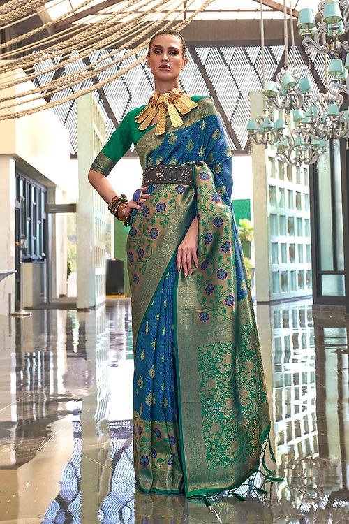 Blue Traditional Banarasi Silk Blend Saree with Unstitched Blouse Piece
