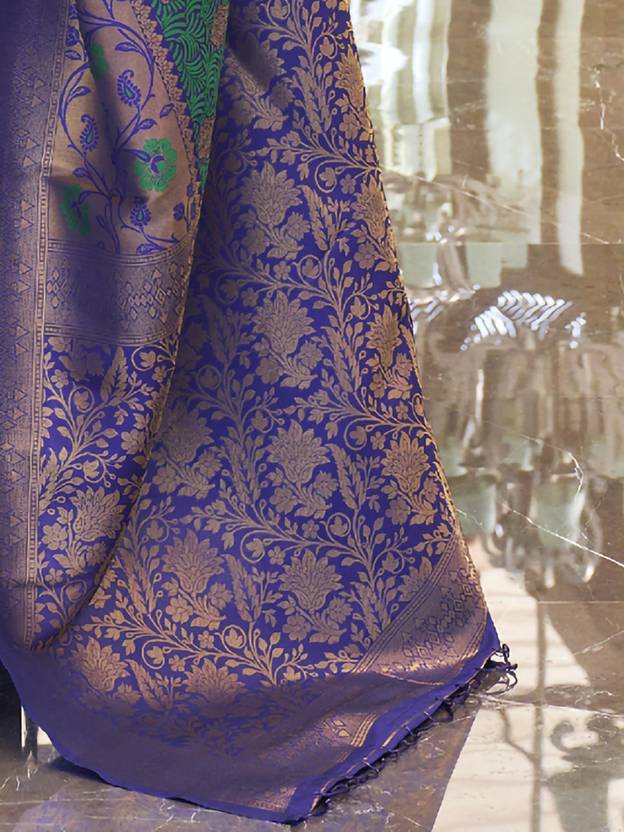 Blue Traditional Banarasi Silk Blend Saree with Unstitched Blouse Piece