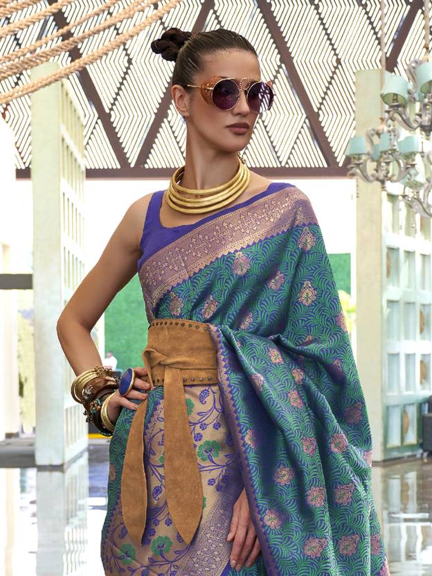 Blue Traditional Banarasi Silk Blend Saree with Unstitched Blouse Piece