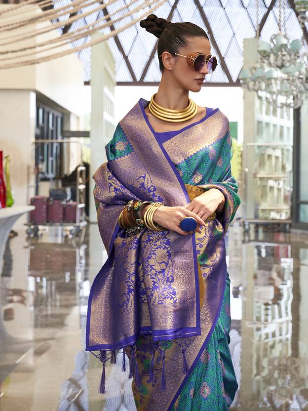 Blue Traditional Banarasi Silk Blend Saree with Unstitched Blouse Piece