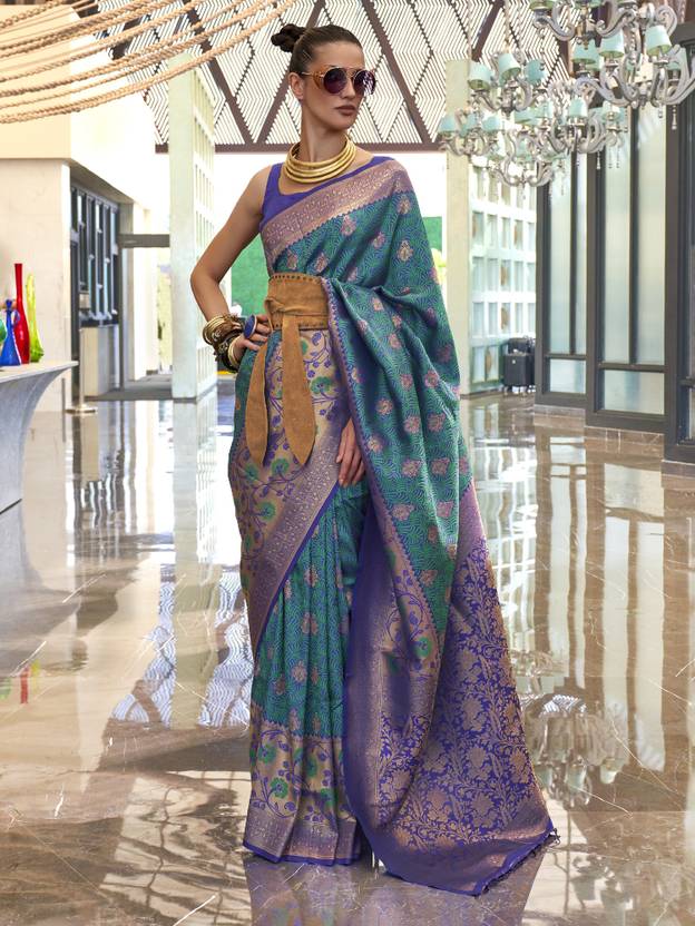 Blue Traditional Banarasi Silk Blend Saree with Unstitched Blouse Piece