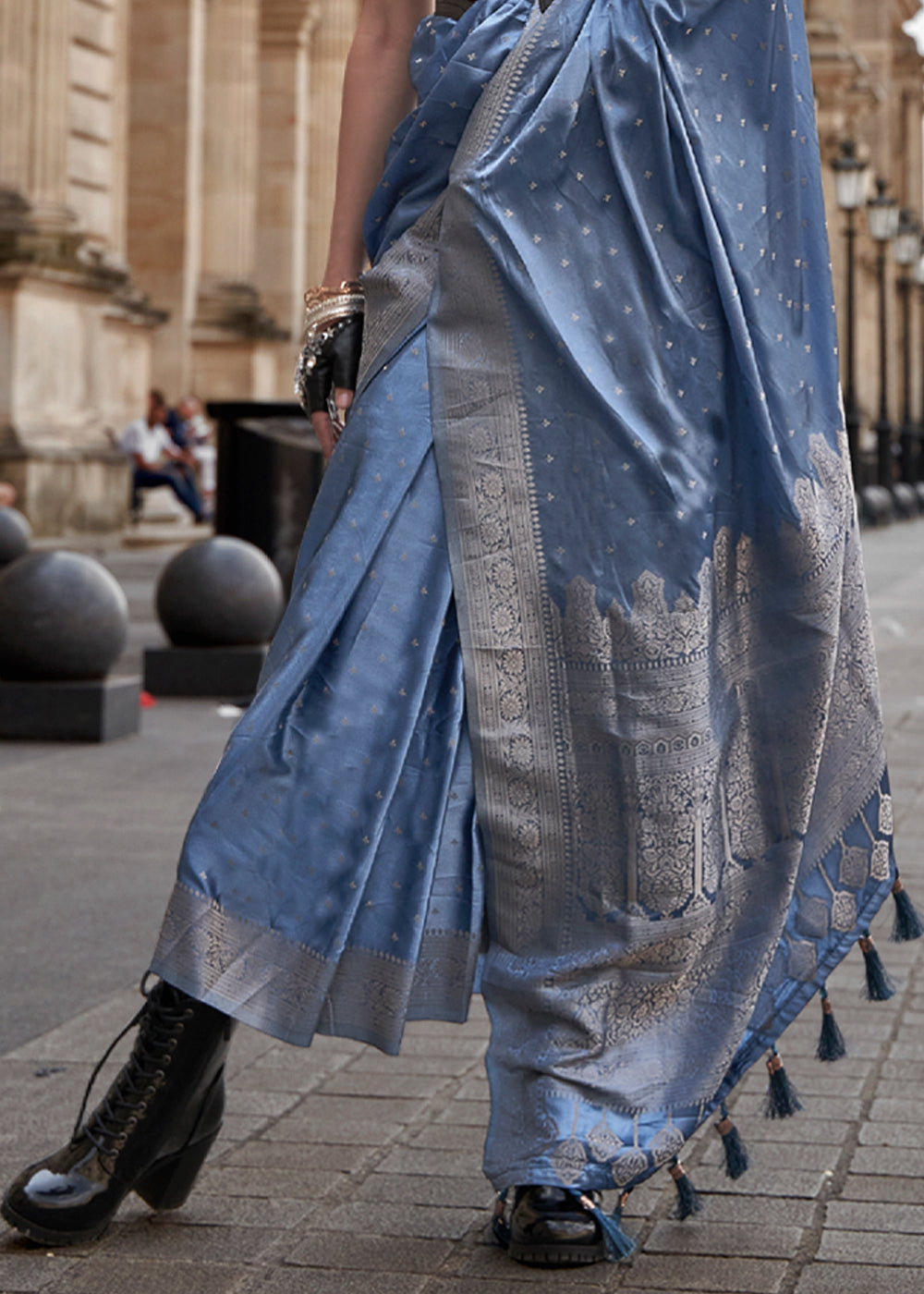 Blue Traditional Woven Satin Silk Blend Saree with Blouse Piece – Festive & Partywear