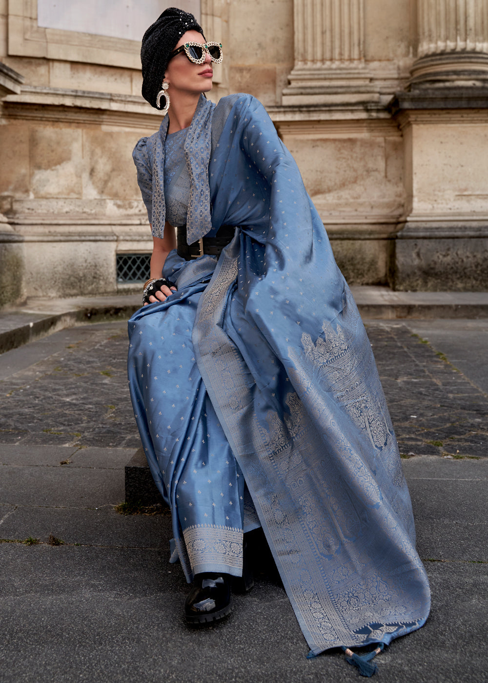 Blue Traditional Woven Satin Silk Blend Saree with Blouse Piece – Festive & Partywear