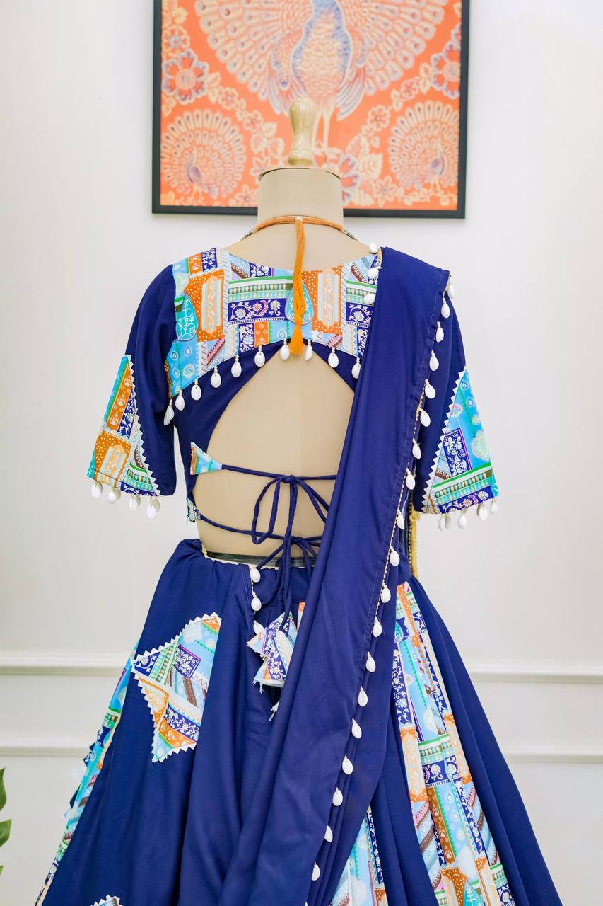 Blue Trendy Reyon Semi-Stitched Lehenga Choli Set with Digital Print & Kodi Lace Border