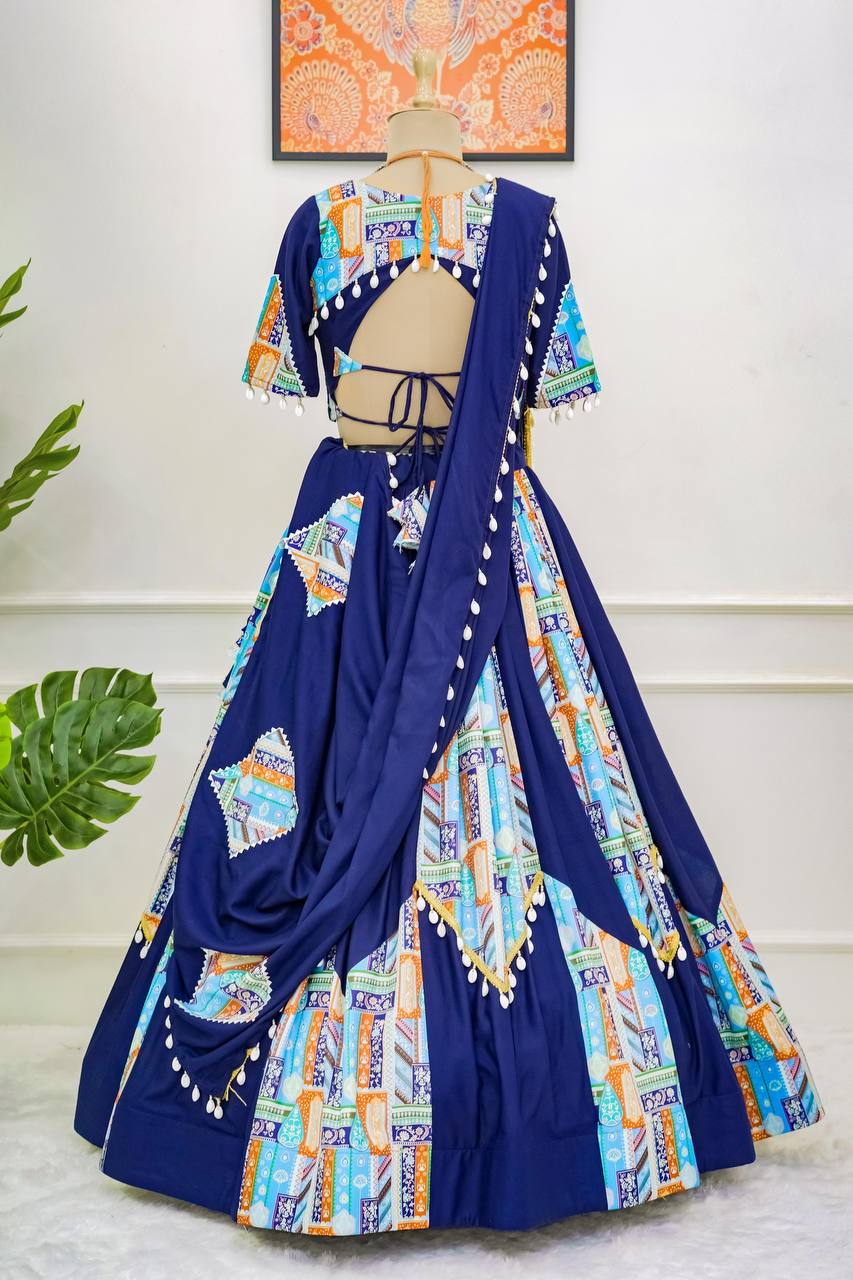 Blue Trendy Reyon Semi-Stitched Lehenga Choli Set with Digital Print & Kodi Lace Border