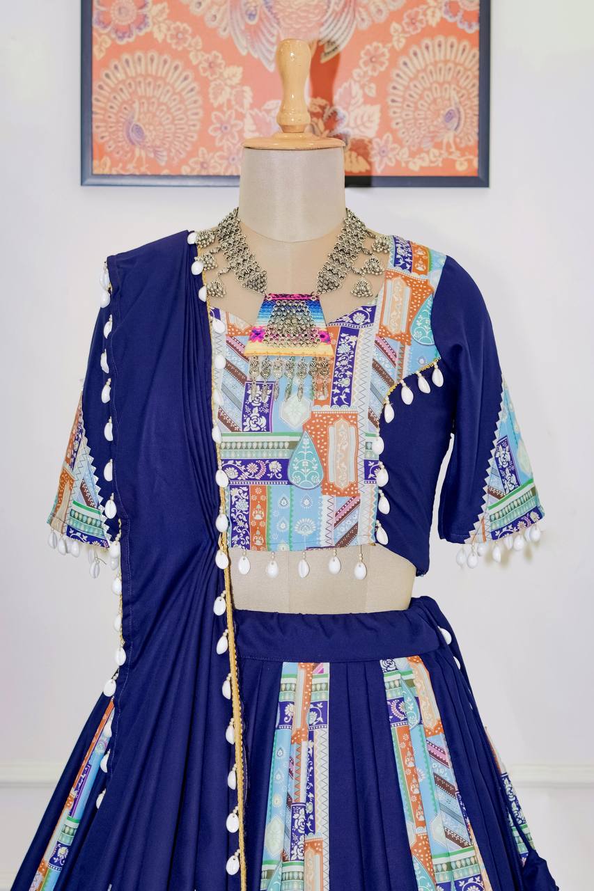 Blue Trendy Reyon Semi-Stitched Lehenga Choli Set with Digital Print & Kodi Lace Border