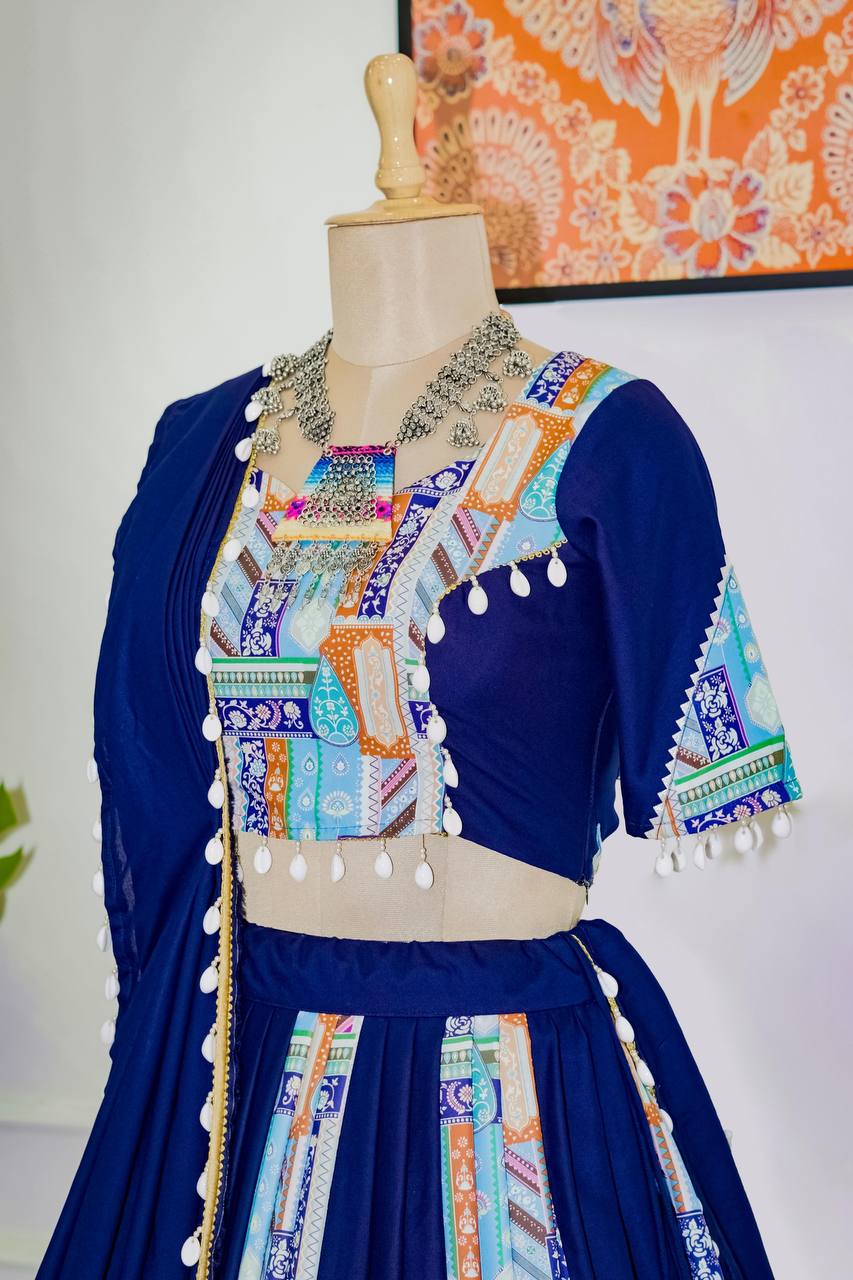 Blue Trendy Reyon Semi-Stitched Lehenga Choli Set with Digital Print & Kodi Lace Border