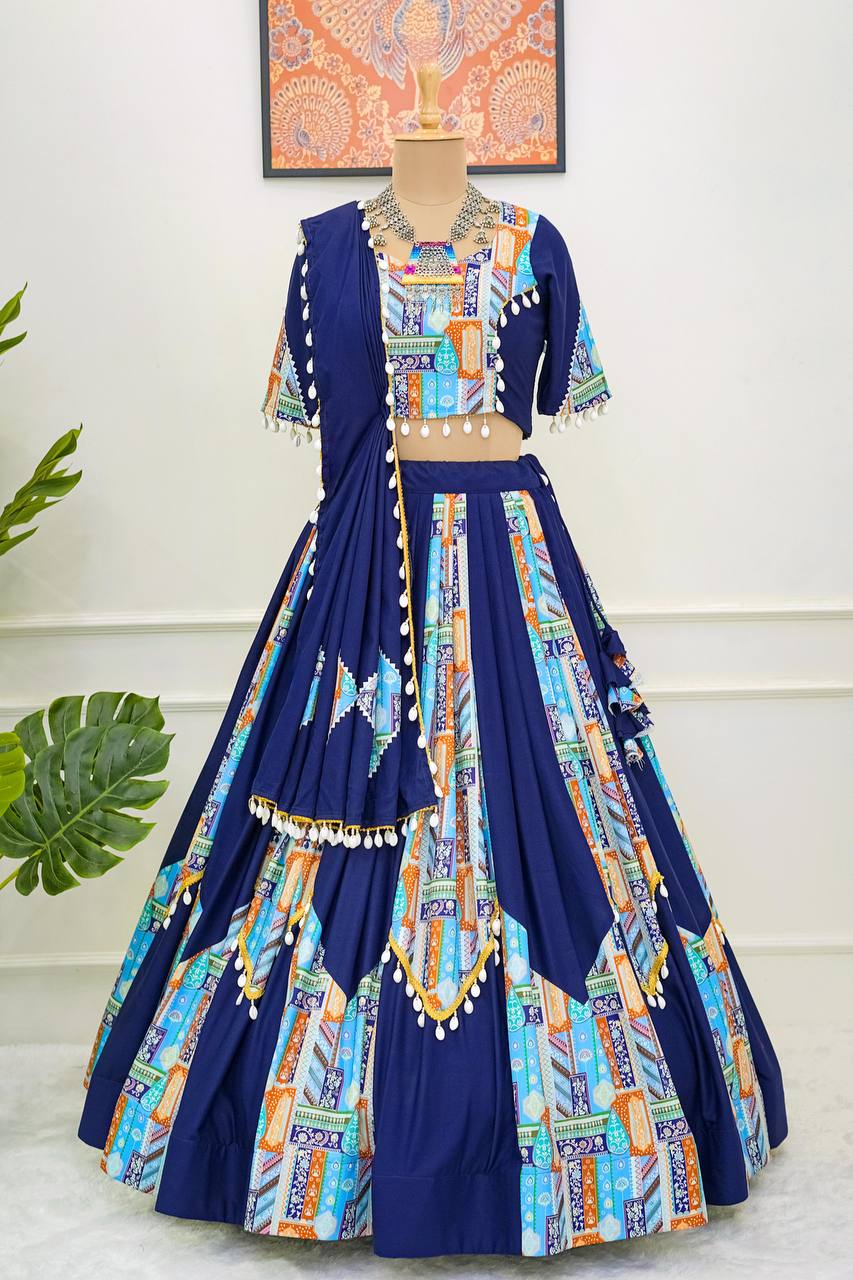 Blue Trendy Reyon Semi-Stitched Lehenga Choli Set with Digital Print & Kodi Lace Border