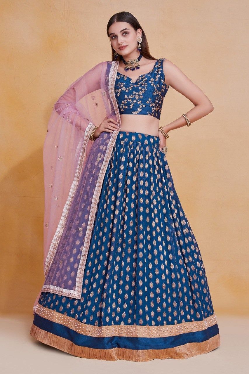 Blue Viscose Georgette Thread & Sequin Embroidered Semi-Stitched Lehenga Choli with Soft Net Dupatta