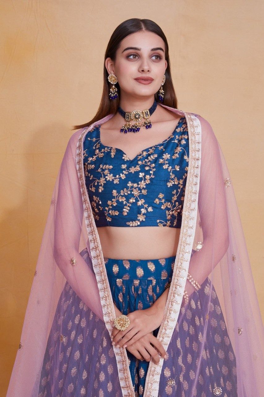 Blue Viscose Georgette Thread & Sequin Embroidered Semi-Stitched Lehenga Choli with Soft Net Dupatta