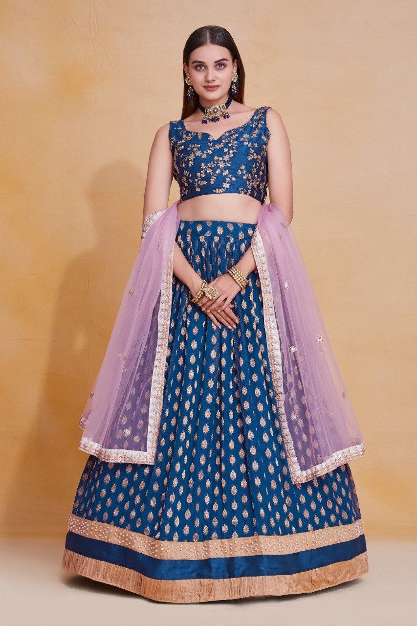 Blue Viscose Georgette Thread & Sequin Embroidered Semi-Stitched Lehenga Choli with Soft Net Dupatta