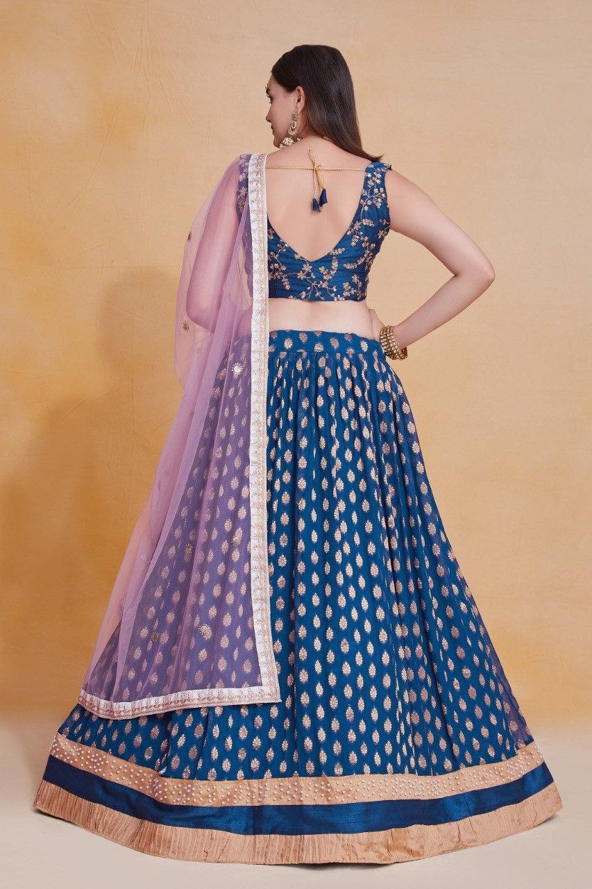 Blue Viscose Georgette Thread & Sequin Embroidered Semi-Stitched Lehenga Choli with Soft Net Dupatta