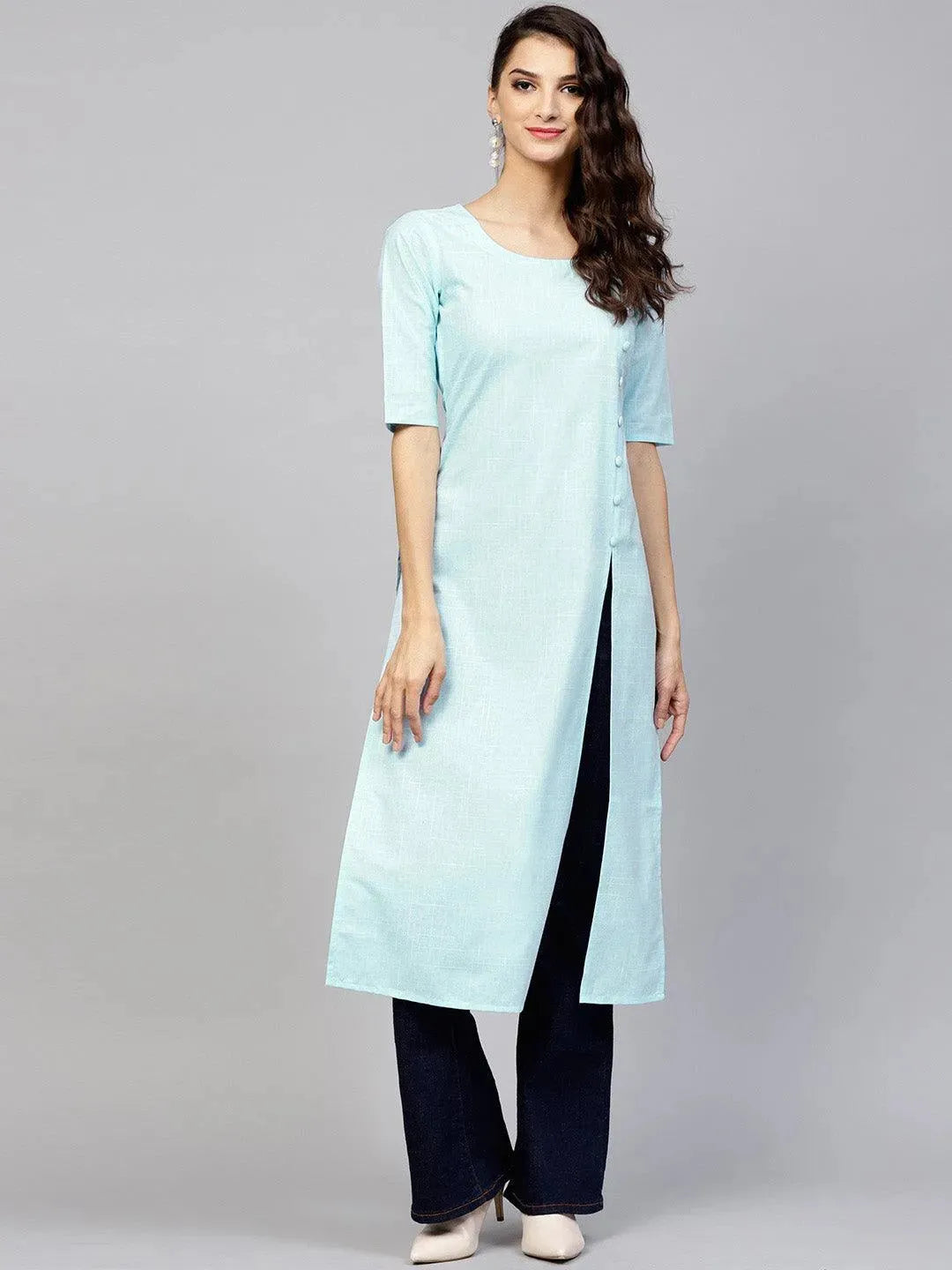 Anouk Blue Woven Design Cotton Kurta