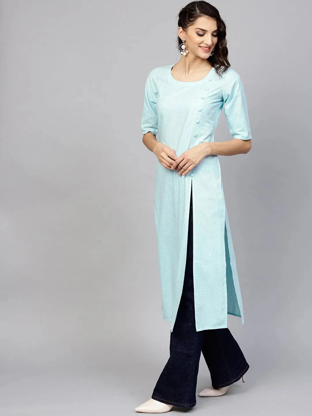 Anouk Blue Woven Design Cotton Kurta