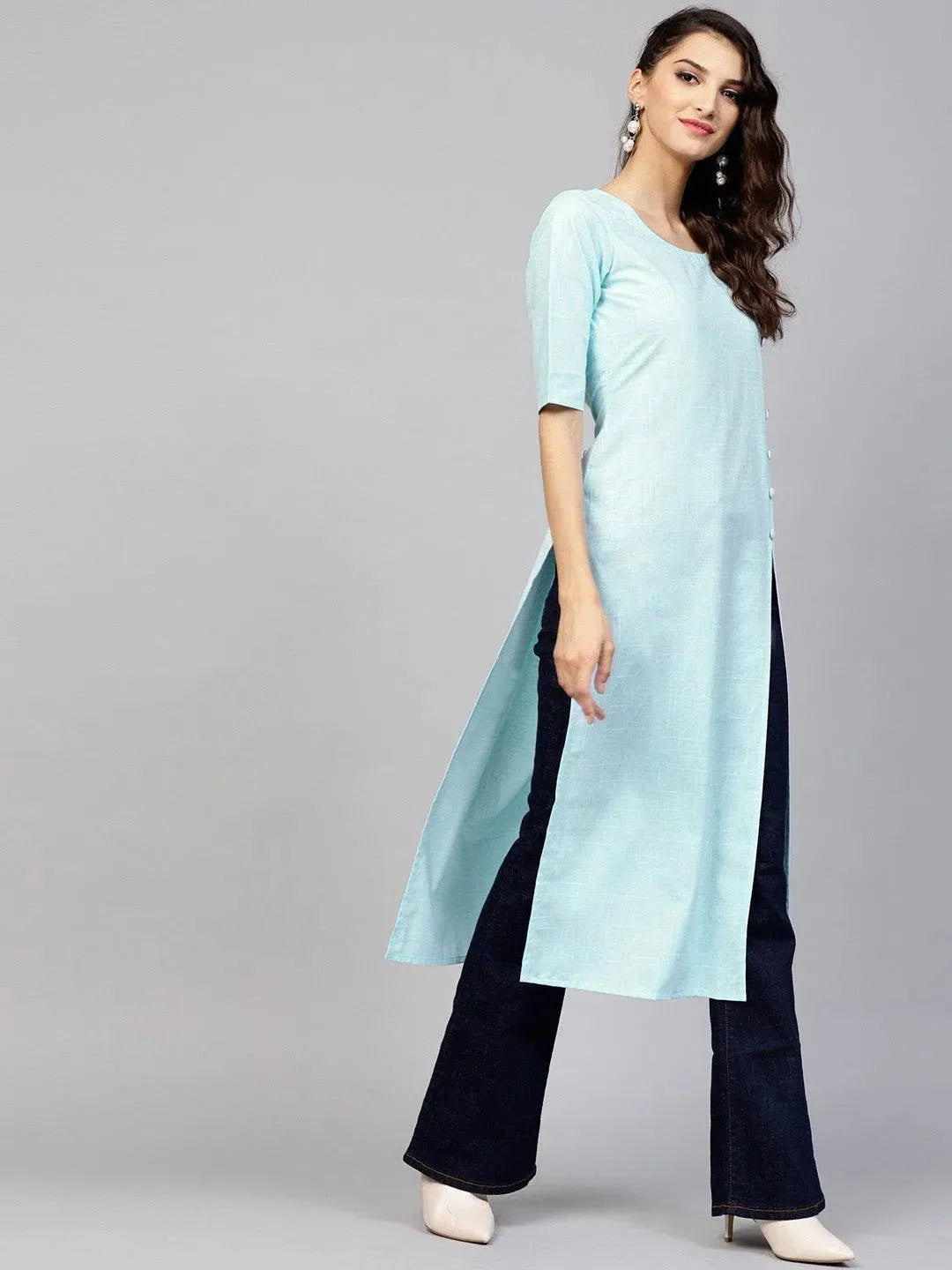 Anouk Blue Woven Design Cotton Kurta