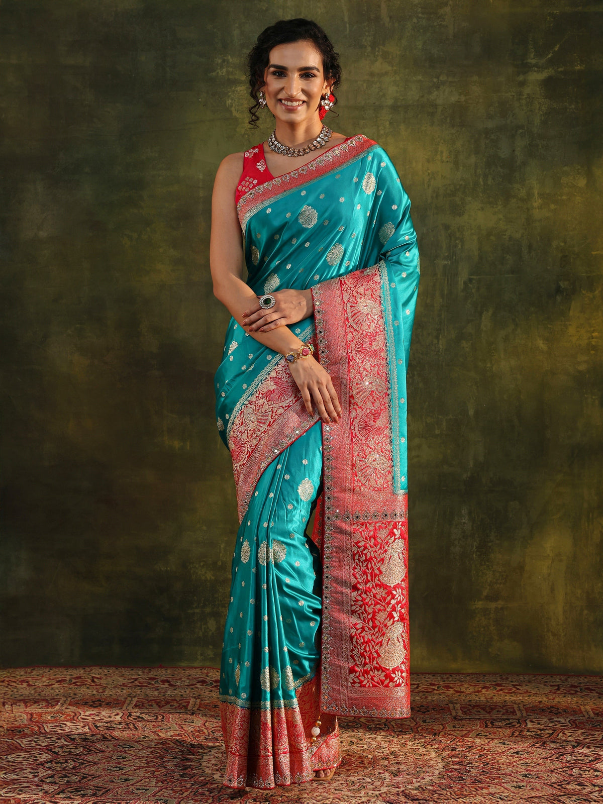 Anouk Blue Woven Design Satin Banarasi Saree With Unstitched Blouse Piece