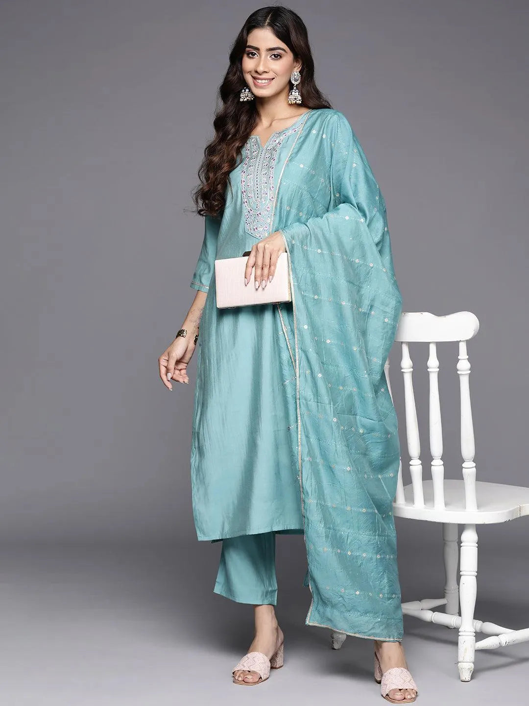 Anouk Blue Yoke Design Silk Blend Straight Suit With Dupatta