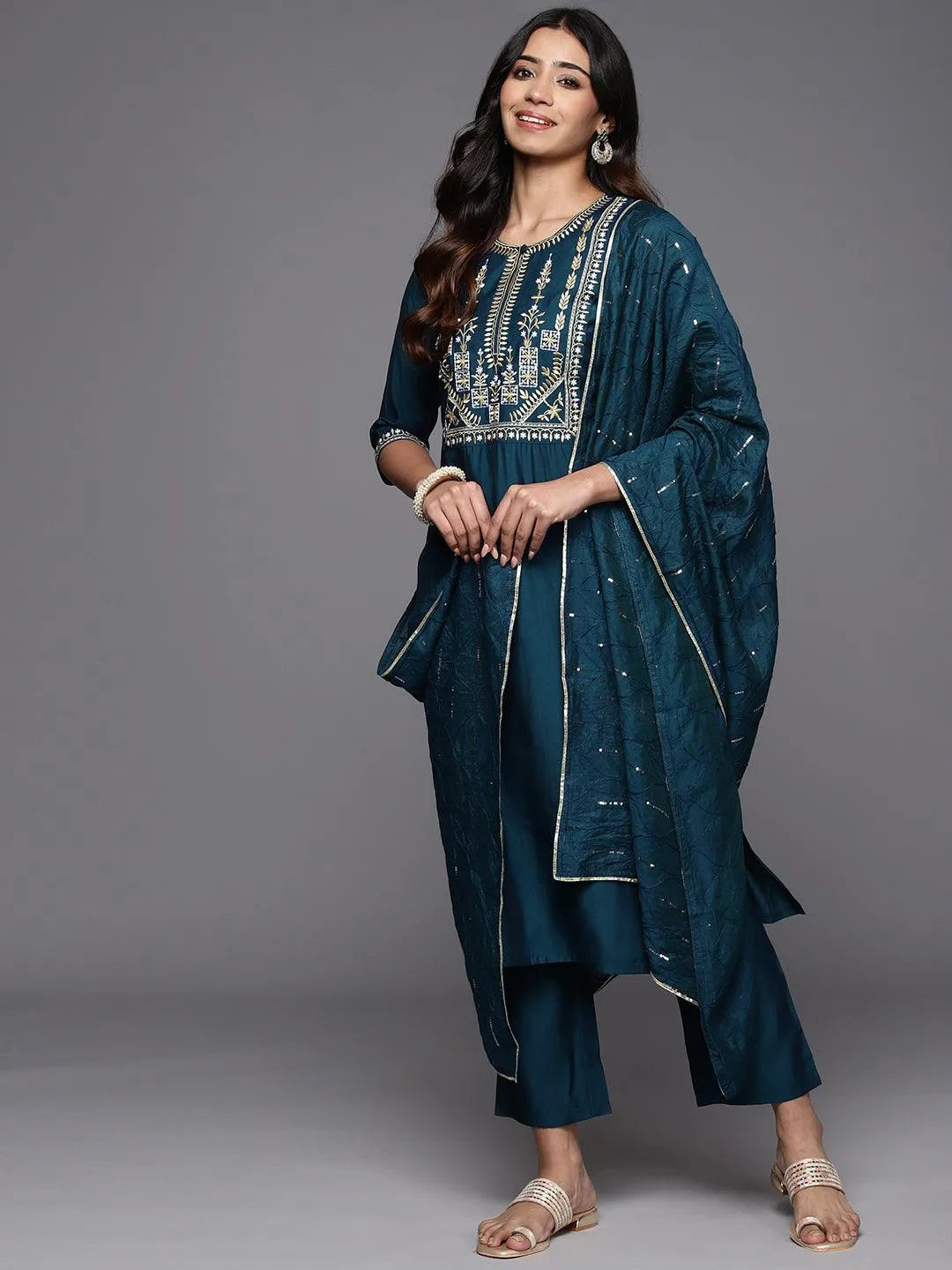 Anouk Blue Yoke Design Silk Blend Straight Suit With Dupatta