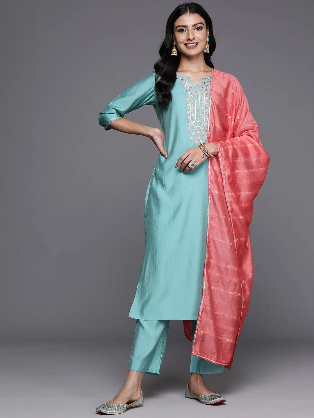 Anouk Blue Yoke Design Silk Blend Straight Suit With Dupatta