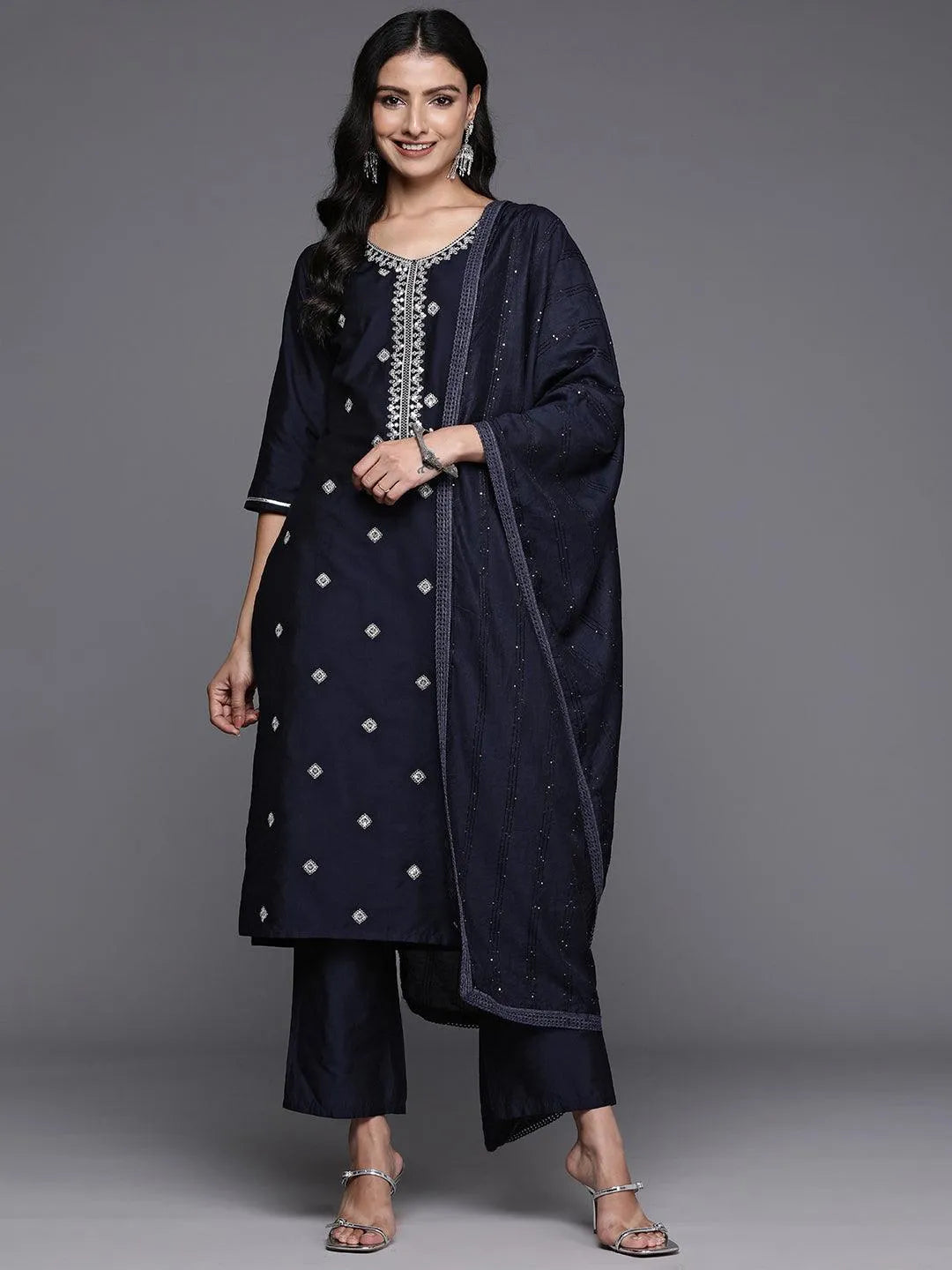 Anouk Blue Yoke Design Silk Blend Straight Suit With Dupatta
