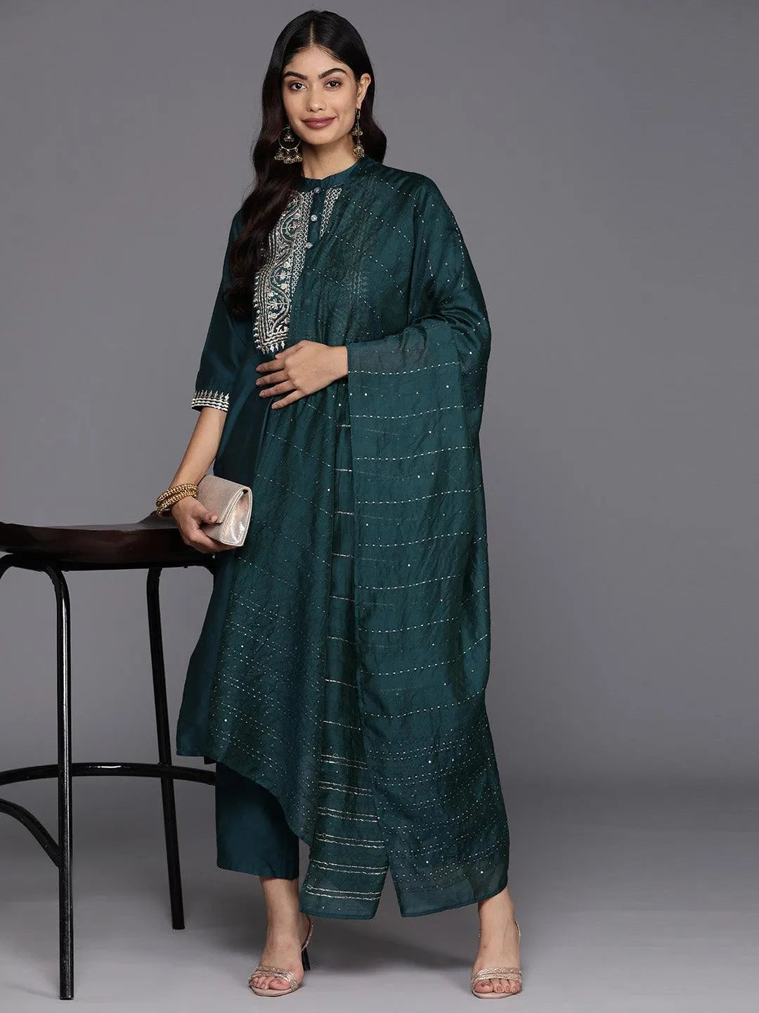 Anouk Blue Yoke Design Silk Blend Straight Suit With Dupatta