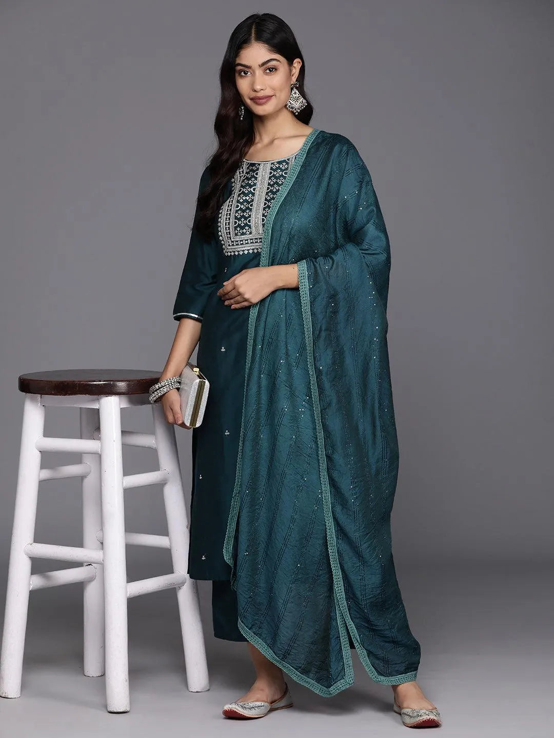 Anouk Blue Yoke Design Silk Blend Straight Suit With Dupatta