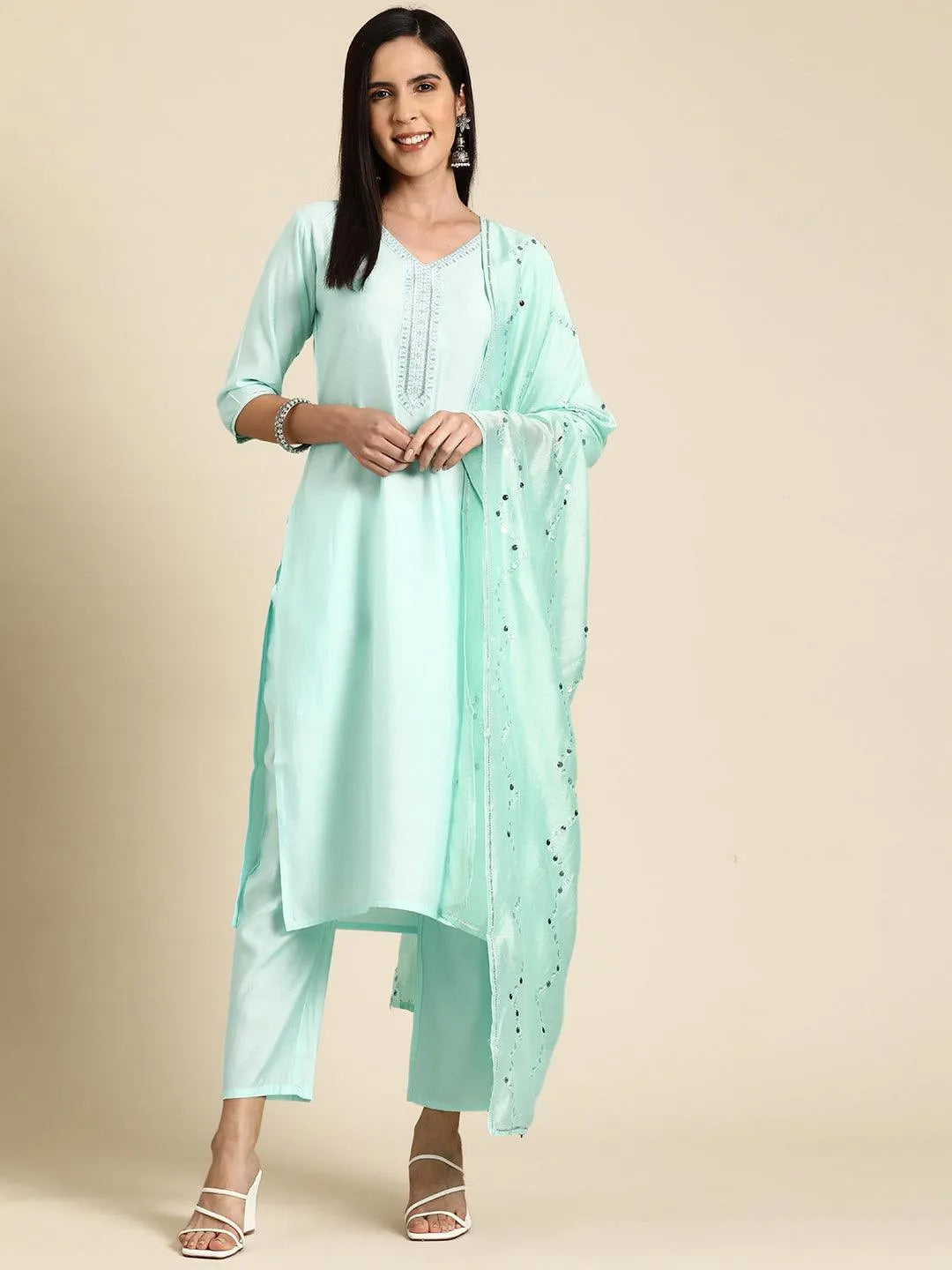Anouk Blue Yoke Design Silk Blend Straight Suit With Dupatta