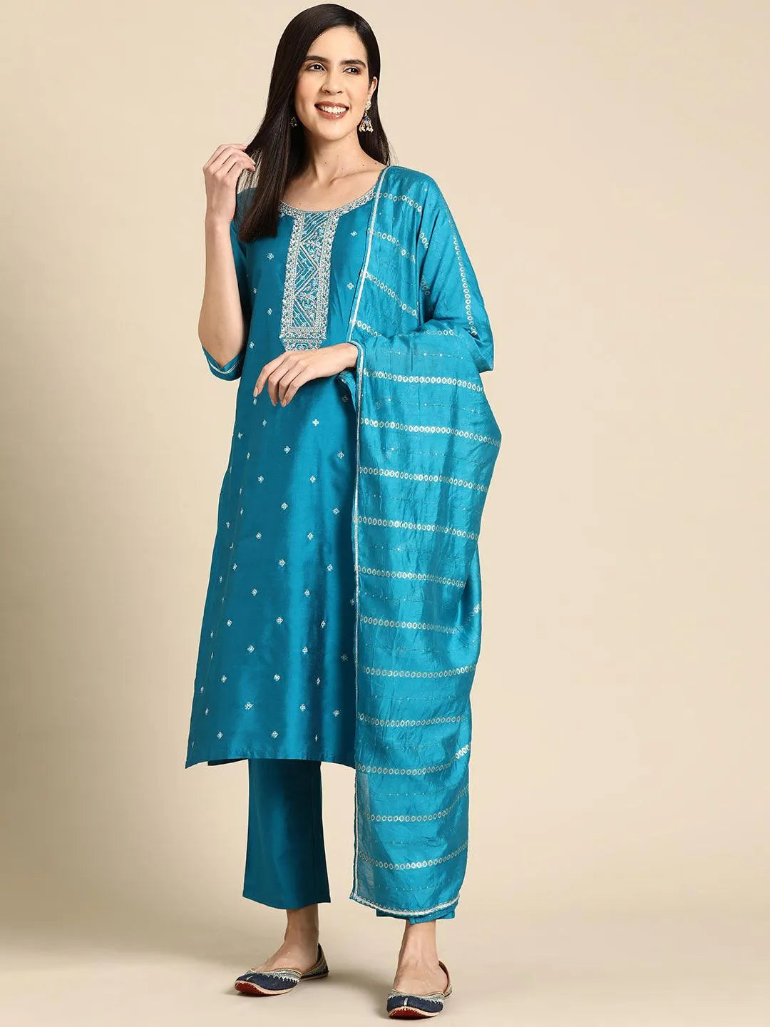Anouk Blue Yoke Design Silk Blend Straight Suit With Dupatta