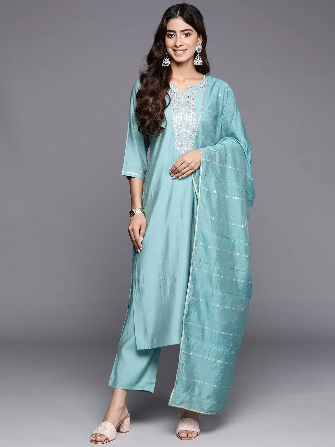 Anouk Blue Yoke Design Silk Blend Straight Suit With Dupatta