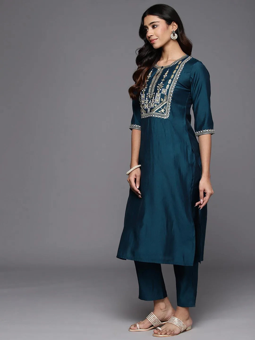 Anouk Blue Yoke Design Silk Blend Straight Suit With Dupatta