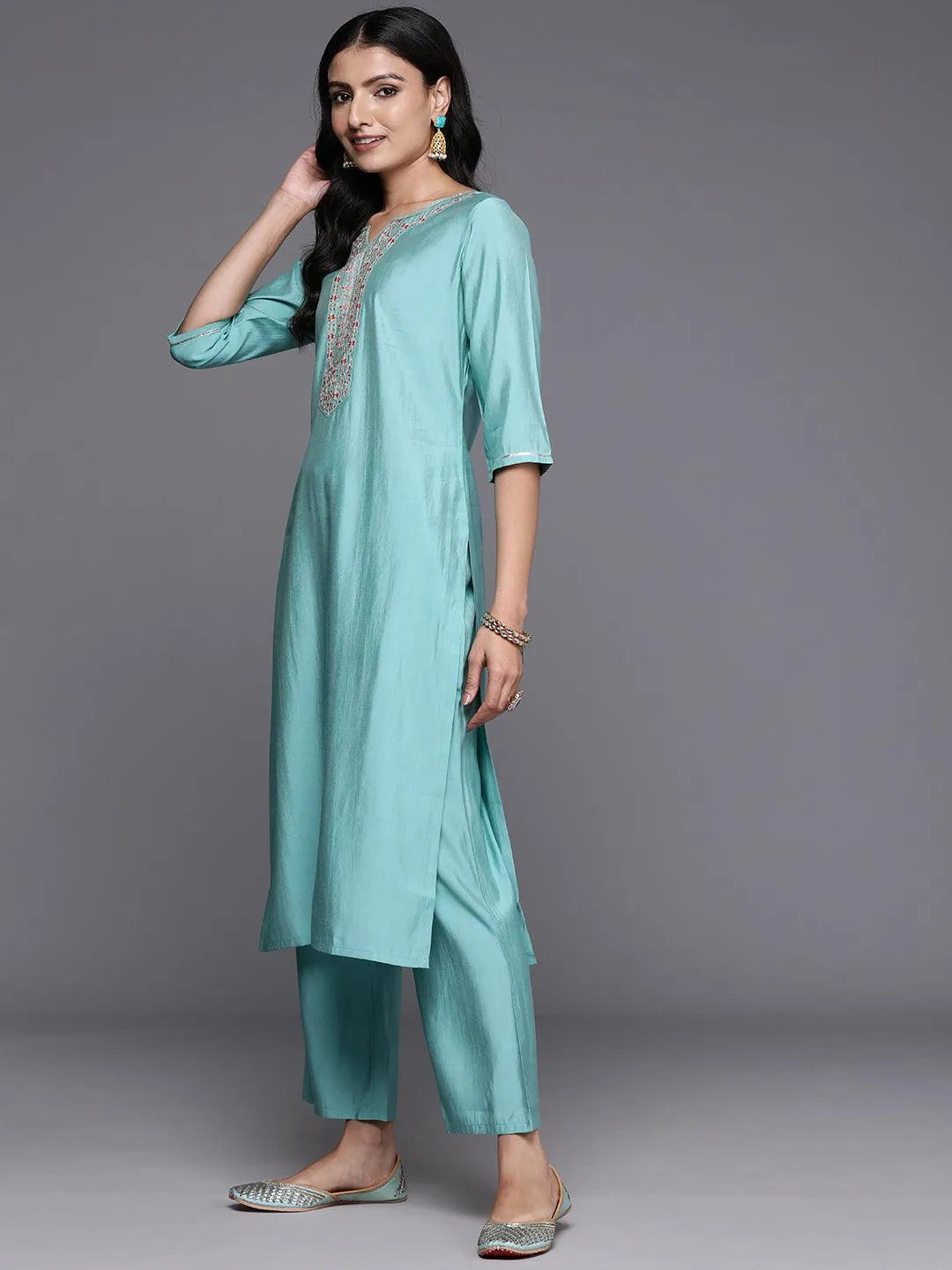 Anouk Blue Yoke Design Silk Blend Straight Suit With Dupatta