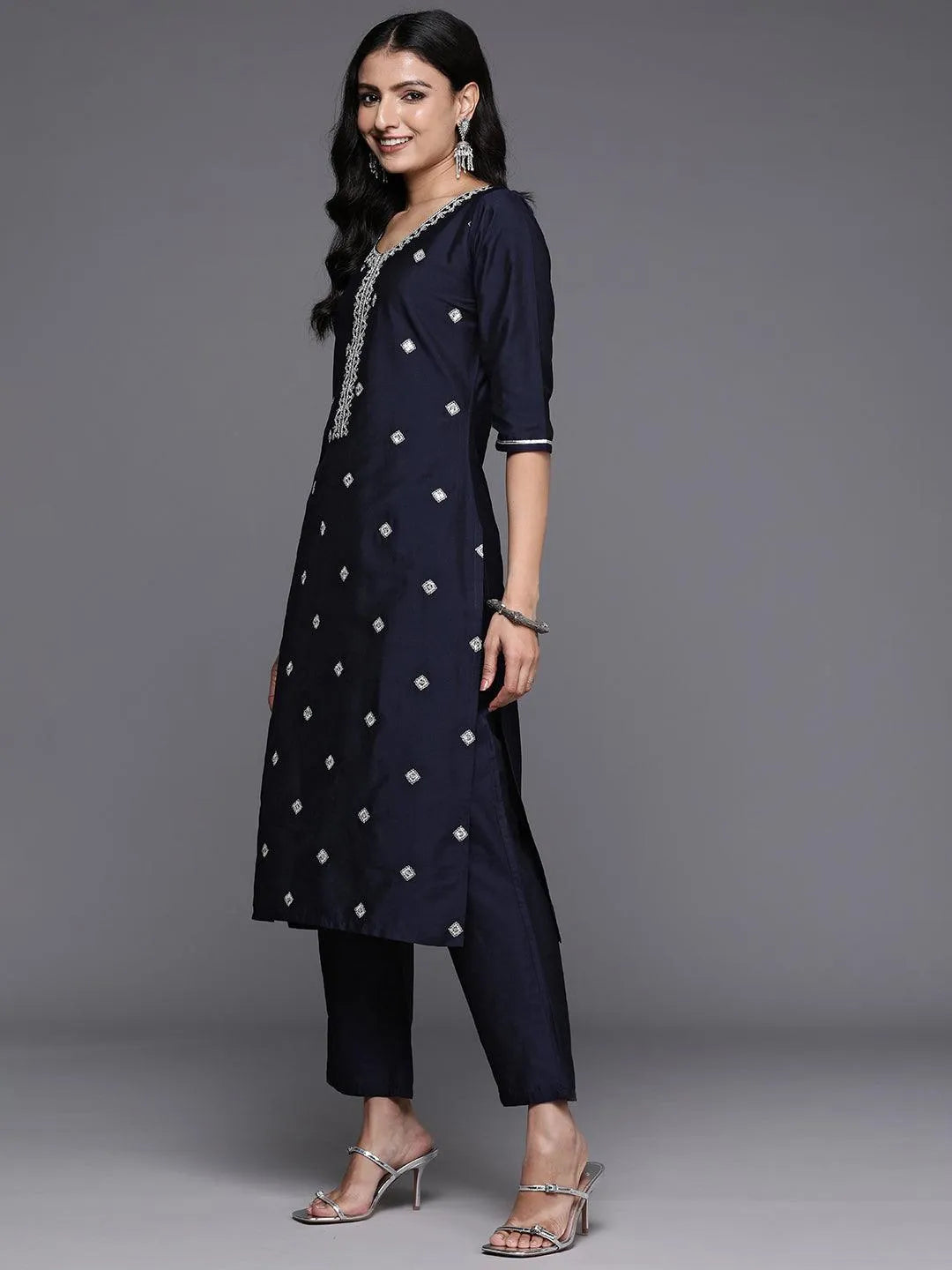 Anouk Blue Yoke Design Silk Blend Straight Suit With Dupatta