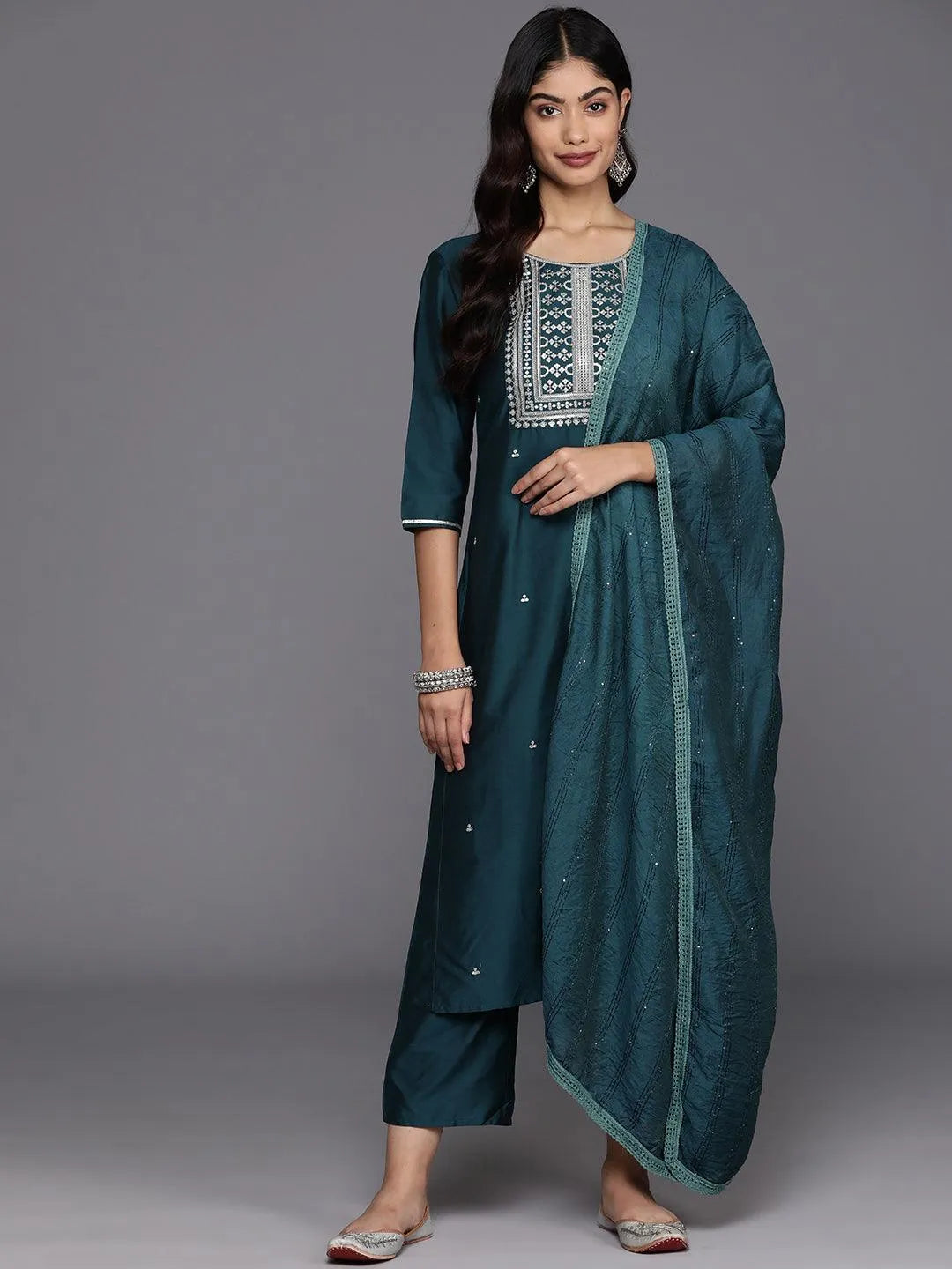 Anouk Blue Yoke Design Silk Blend Straight Suit With Dupatta