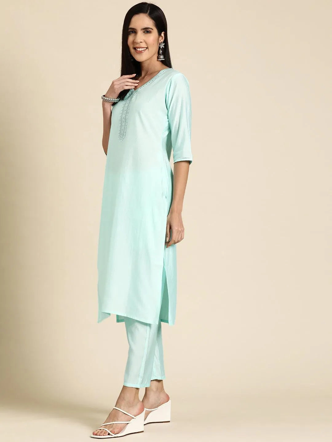 Anouk Blue Yoke Design Silk Blend Straight Suit With Dupatta